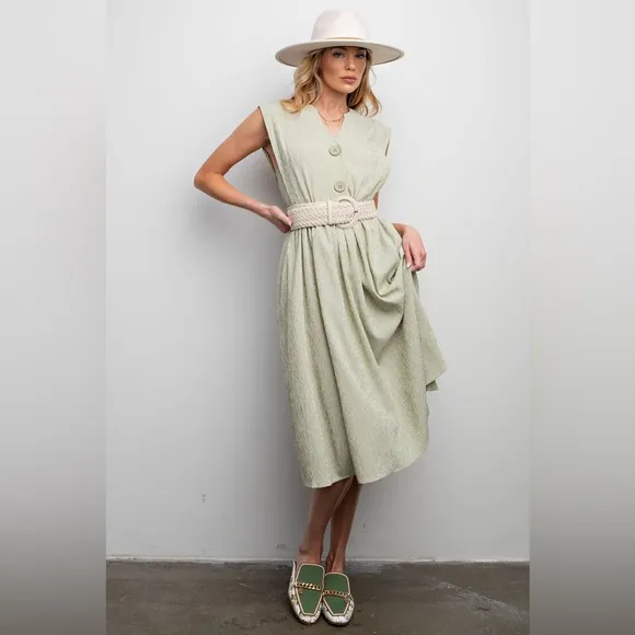 easel voile sage striped button front sleeveless maxi dress ED23598