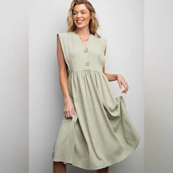 easel voile sage striped button front sleeveless maxi dress ED23598