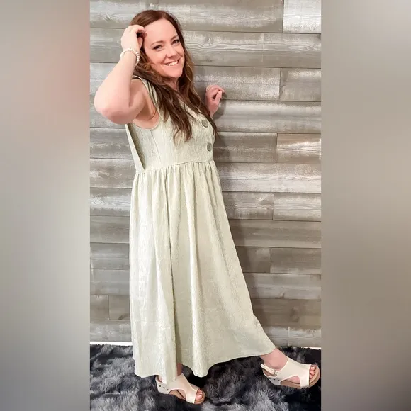 easel voile sage striped button front sleeveless maxi dress ED23598