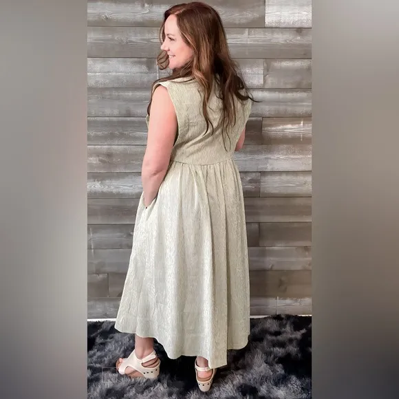 easel voile sage striped button front sleeveless maxi dress ED23598