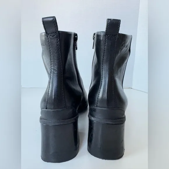 ECCO Black Leather Chunky Square Toe Block Heel Side Zip Ankle Boot boots