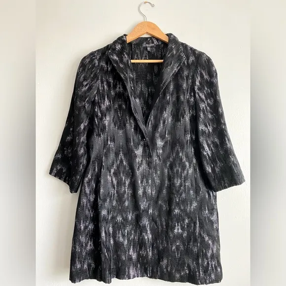 EILEEN FISHER Black Jacquard Open Front Long Blazer Jacket Coat Silver Artisan S