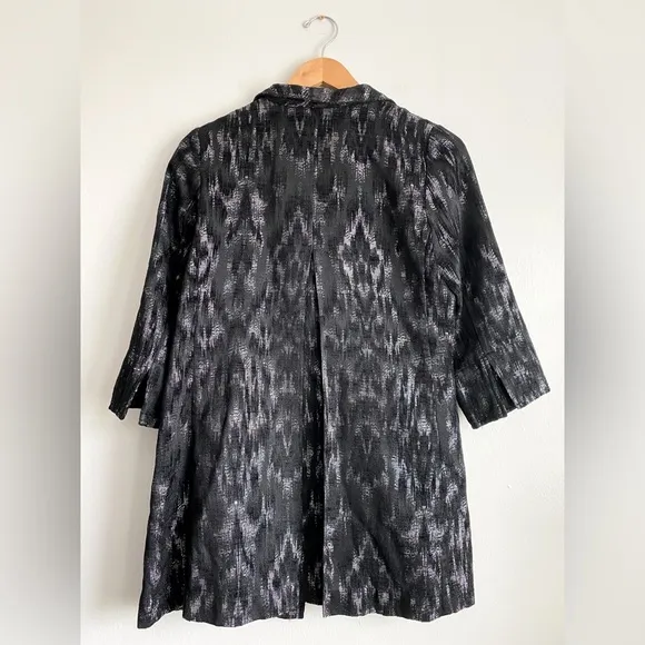 EILEEN FISHER Black Jacquard Open Front Long Blazer Jacket Coat Silver Artisan S