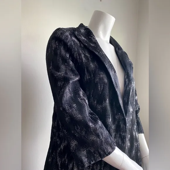 EILEEN FISHER Black Jacquard Open Front Long Blazer Jacket Coat Silver Artisan S
