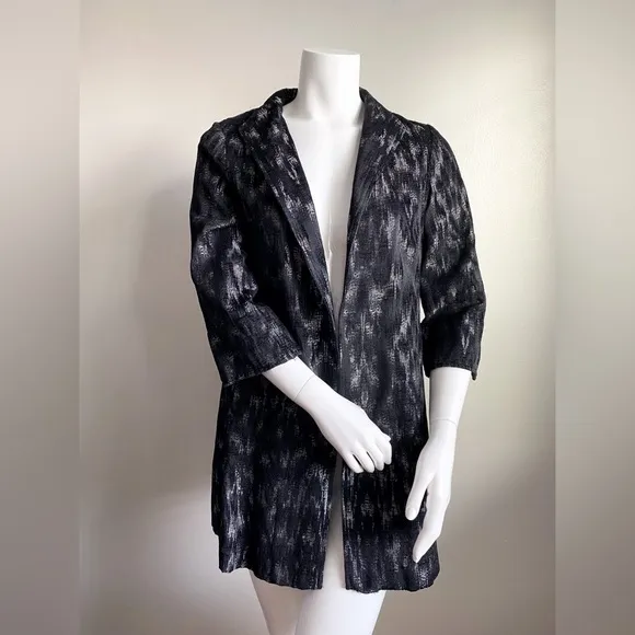 EILEEN FISHER Black Jacquard Open Front Long Blazer Jacket Coat Silver Artisan S