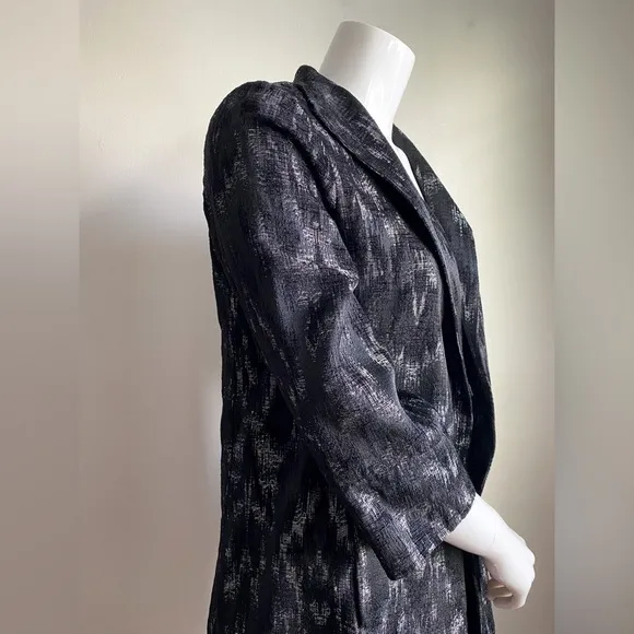 EILEEN FISHER Black Jacquard Open Front Long Blazer Jacket Coat Silver Artisan S