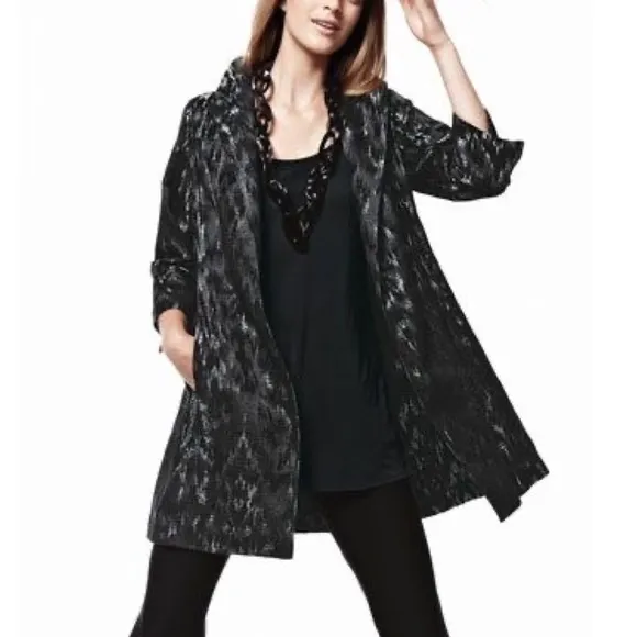 EILEEN FISHER Black Jacquard Open Front Long Blazer Jacket Coat Silver Artisan S