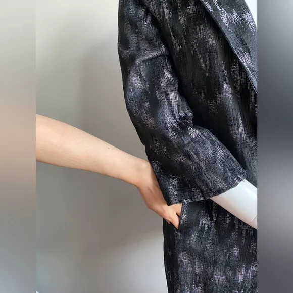 EILEEN FISHER Black Jacquard Open Front Long Blazer Jacket Coat Silver Artisan S