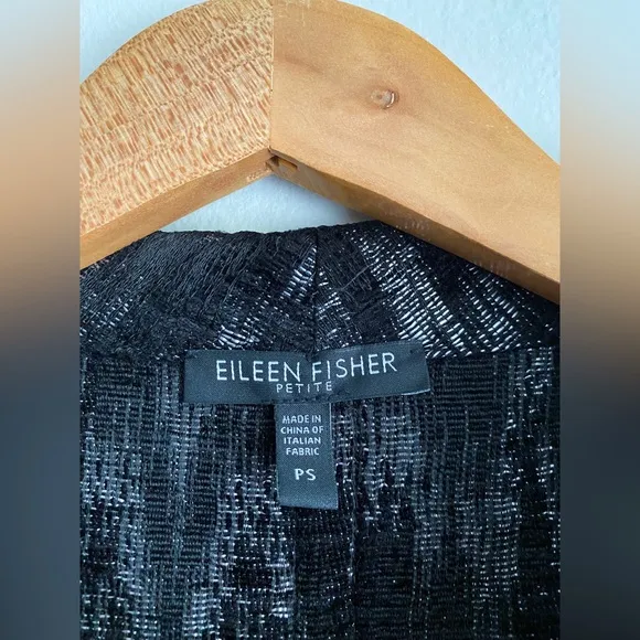 EILEEN FISHER Black Jacquard Open Front Long Blazer Jacket Coat Silver Artisan S