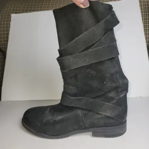 Eileen Fisher Charcoal Leather Suede Boots Moto Wrap Straps Ankle Booties Size 6