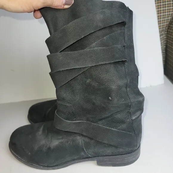 Eileen Fisher Charcoal Leather Suede Boots Moto Wrap Straps Ankle Booties Size 6