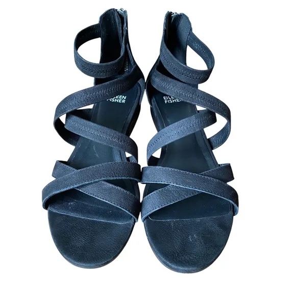 Eileen Fisher Eva Strappy Ankle Sandal Low Heel Black Size 8.5