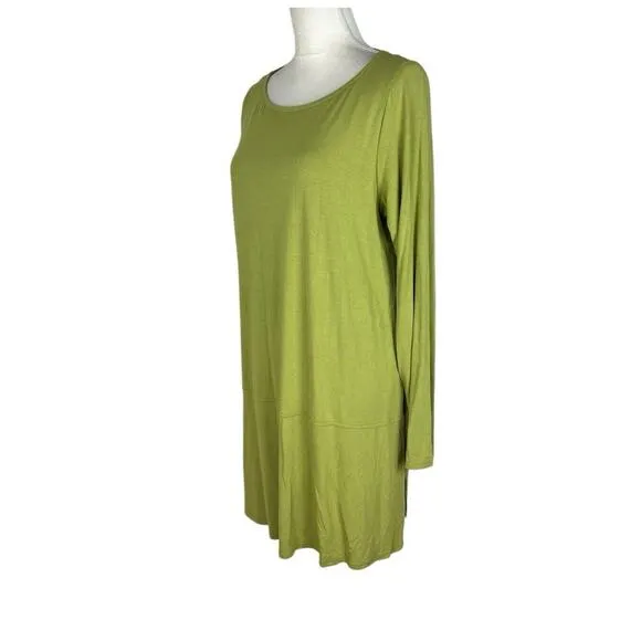 Eileen Fisher Green Jersey Long Sleeve Dress Side Slit Boat Neck Size Large