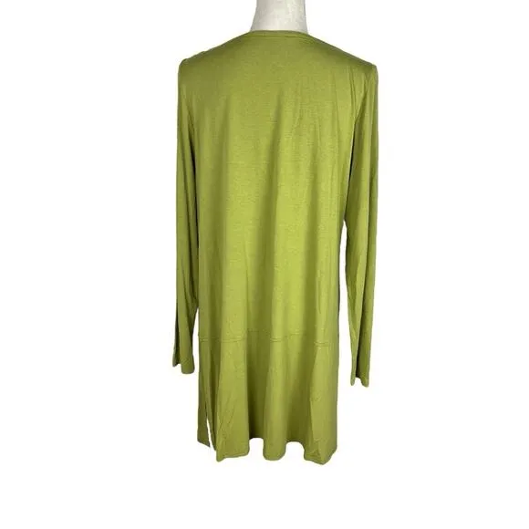 Eileen Fisher Green Jersey Long Sleeve Dress Side Slit Boat Neck Size Large