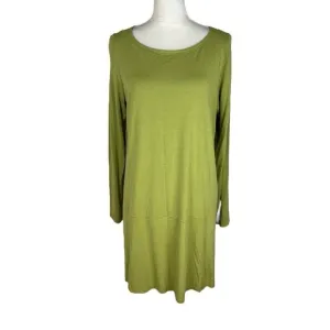 Eileen Fisher Green Jersey Long Sleeve Dress Side Slit Boat Neck Size Large