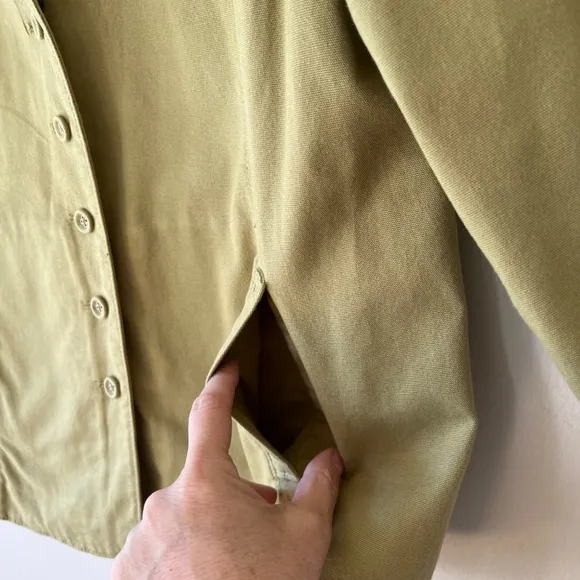 Eileen Fisher Olive Green Jacket Organic Cotton Collared Button Up Canvas Size L