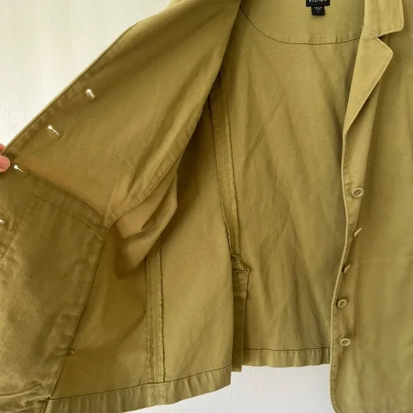 Eileen Fisher Olive Green Jacket Organic Cotton Collared Button Up Canvas Size L