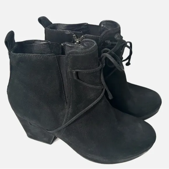 Eileen Fisher Women’s  Nubuck Leather Ankle Boots Side Zip Block Heel Black