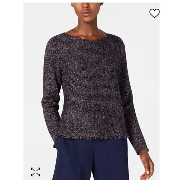 Eileen Fisher wool blend boat neck fringe hem tweed long sleeve sweater size XL
