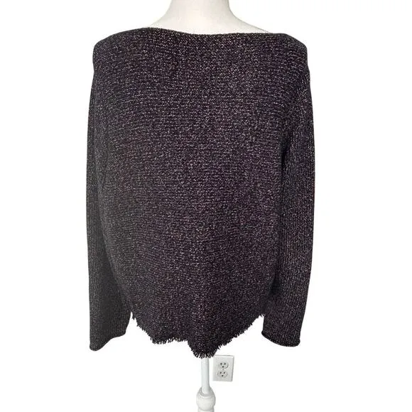 Eileen Fisher wool blend boat neck fringe hem tweed long sleeve sweater size XL