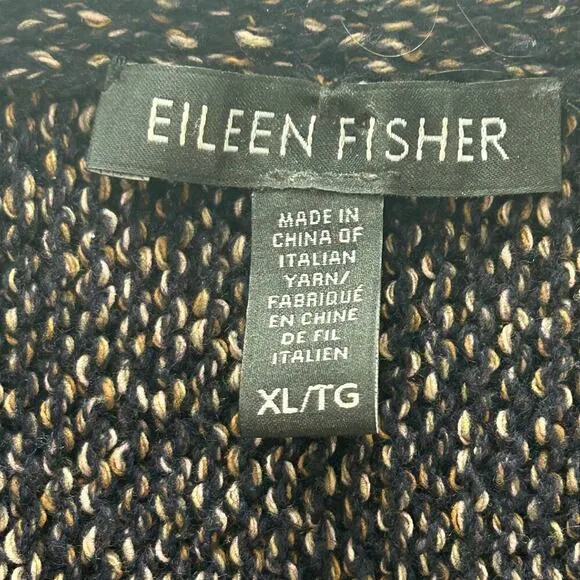 Eileen Fisher wool blend boat neck fringe hem tweed long sleeve sweater size XL