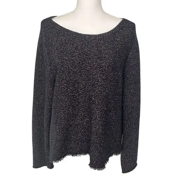 Eileen Fisher wool blend boat neck fringe hem tweed long sleeve sweater size XL