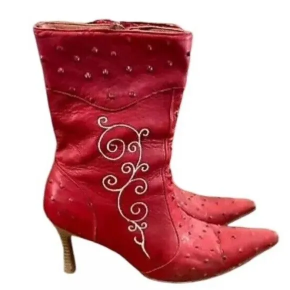 El Pajuelo Y2k 90s Western Boot Womens Sz 8 Ostrich Leather Heeled Boots