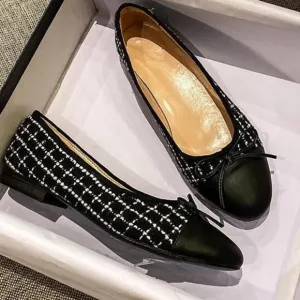 Elegant Black and White Two-Tone Tweed Ballet Women's Flats