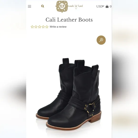 Elf Women's Cali Leather Boots Made by Hand in Bali Black Leather Size 12.5