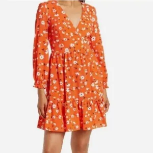 Eliza J Floral V-Neck Fit &amp; Flare Dress Orange/Navy/White Size 8 NWT