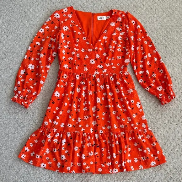 Eliza J Floral V-Neck Fit &amp; Flare Dress Orange/Navy/White Size 8 NWT