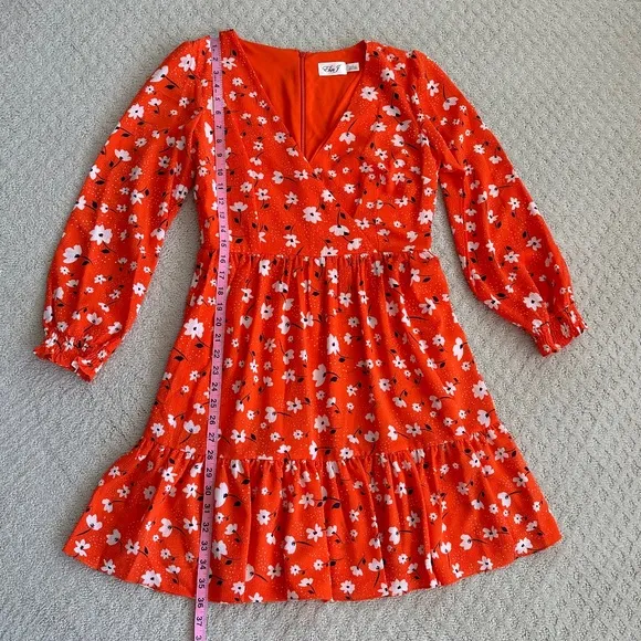 Eliza J Floral V-Neck Fit &amp; Flare Dress Orange/Navy/White Size 8 NWT