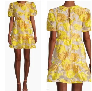 Elliat Progressive Puff-Sleeve Mini Dress in Marigold, Floral Jacquard, EUC!