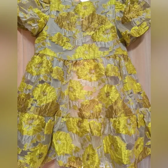Elliat Progressive Puff-Sleeve Mini Dress in Marigold, Floral Jacquard, EUC!