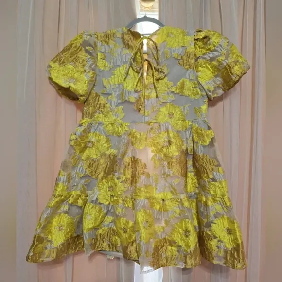 Elliat Progressive Puff-Sleeve Mini Dress in Marigold, Floral Jacquard, EUC!