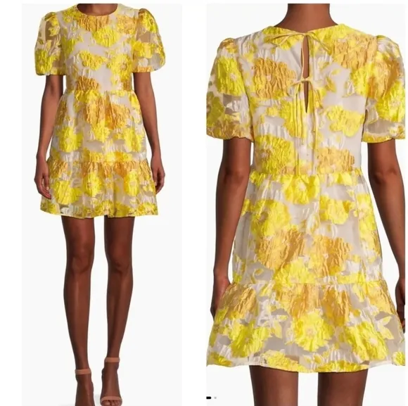 Elliat Progressive Puff-Sleeve Mini Dress in Marigold, Floral Jacquard, EUC!