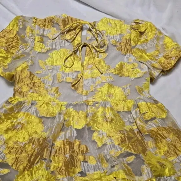 Elliat Progressive Puff-Sleeve Mini Dress in Marigold, Floral Jacquard, EUC!