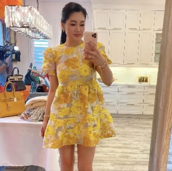 Elliat Progressive Puff-Sleeve Mini Dress in Marigold, Floral Jacquard, EUC!