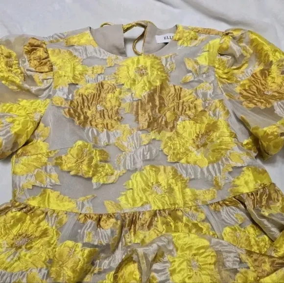 Elliat Progressive Puff-Sleeve Mini Dress in Marigold, Floral Jacquard, EUC!