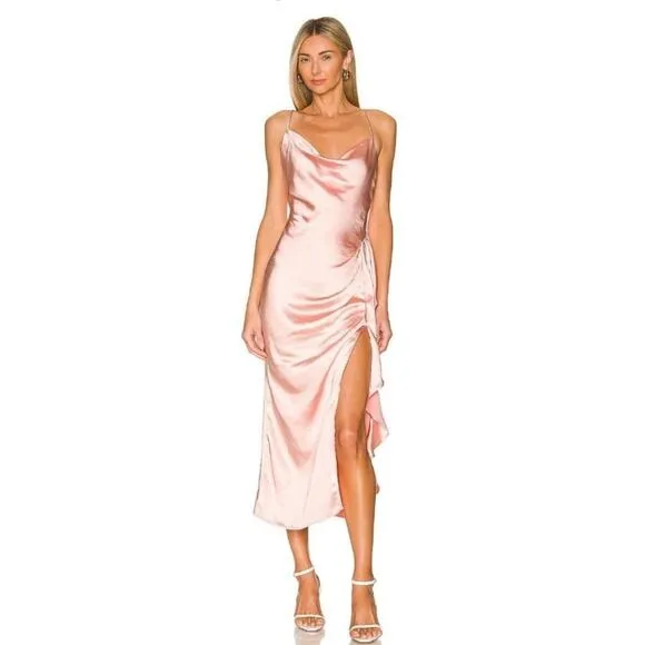 elliatt cordae pink satin cowl neck draped ruffle open back midi summer dress