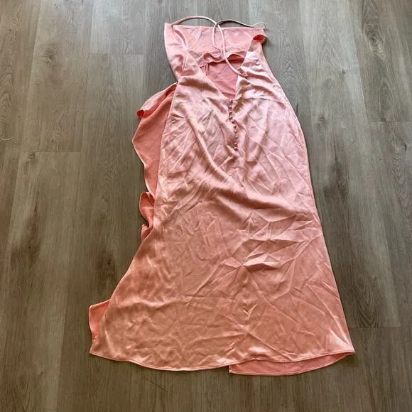 elliatt cordae pink satin cowl neck draped ruffle open back midi summer dress