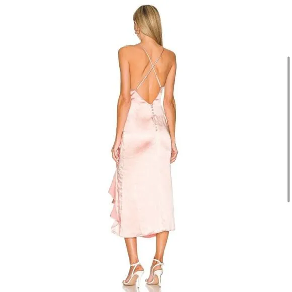elliatt cordae pink satin cowl neck draped ruffle open back midi summer dress