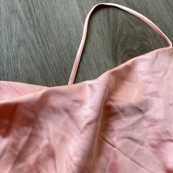 elliatt cordae pink satin cowl neck draped ruffle open back midi summer dress