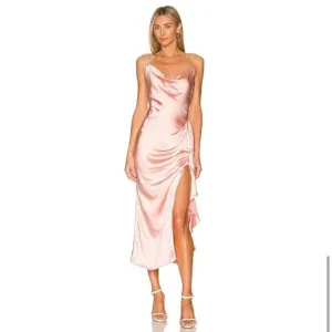 elliatt cordae pink satin cowl neck draped ruffle open back midi summer dress
