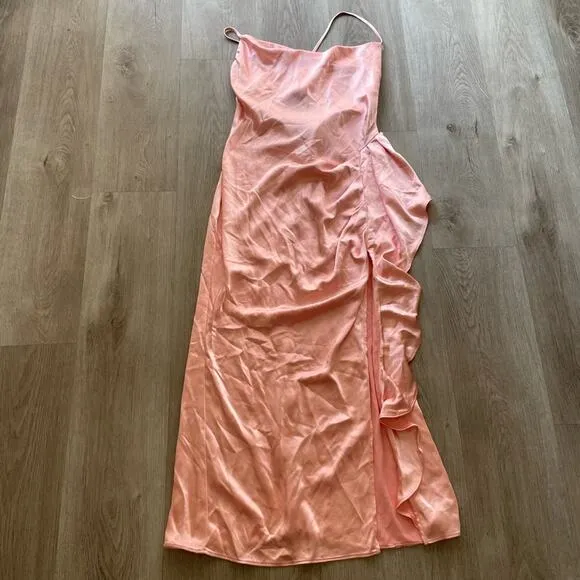 elliatt cordae pink satin cowl neck draped ruffle open back midi summer dress