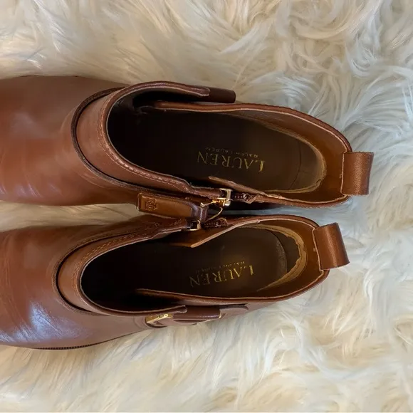 EUC Lauren Ralph Lauren Leather Booties | Size 9 | Tan Gold Buckle