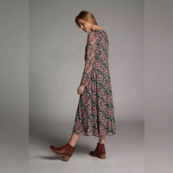Eva Franco Fiona Maxi Floral Dress Mesh Sheer Sleeve Lined Anthropologie sz S