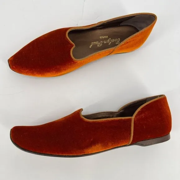 Evelyn Paul Paris Handmade Gold Velvet Flats with Curled Toe Size 10