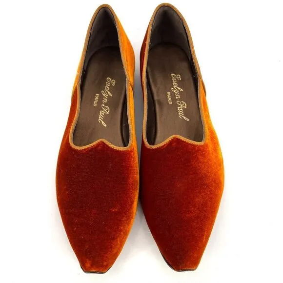 Evelyn Paul Paris Handmade Gold Velvet Flats with Curled Toe Size 10