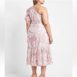 EXPRESS Printed One Shoulder Puff SleeveMIDI Dress xl